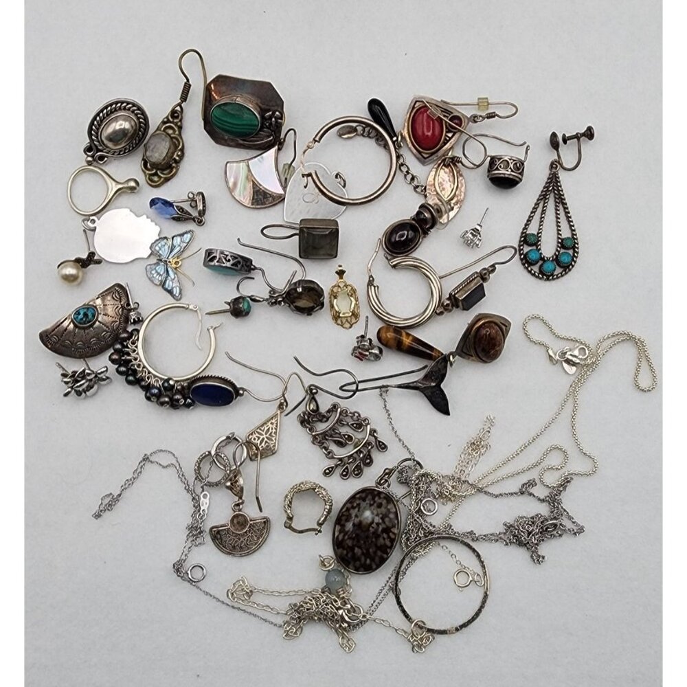 mixed lot Silver 925 scrap single earring necklaces craft lot 115g